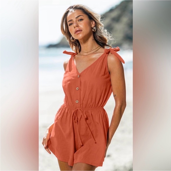 Cupshe Pants - Cupshe Burnt Orange Tie-Shoulder Button Romper